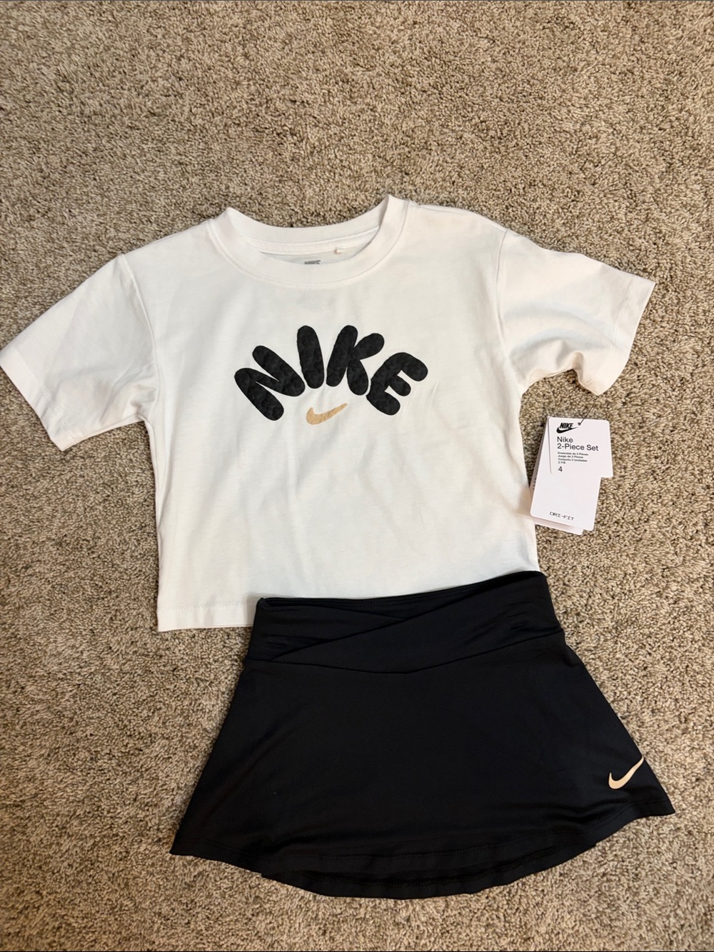 Nike White Tee with Black Logo and Black Skort with Gold Swoosh - Picture 1 of 8